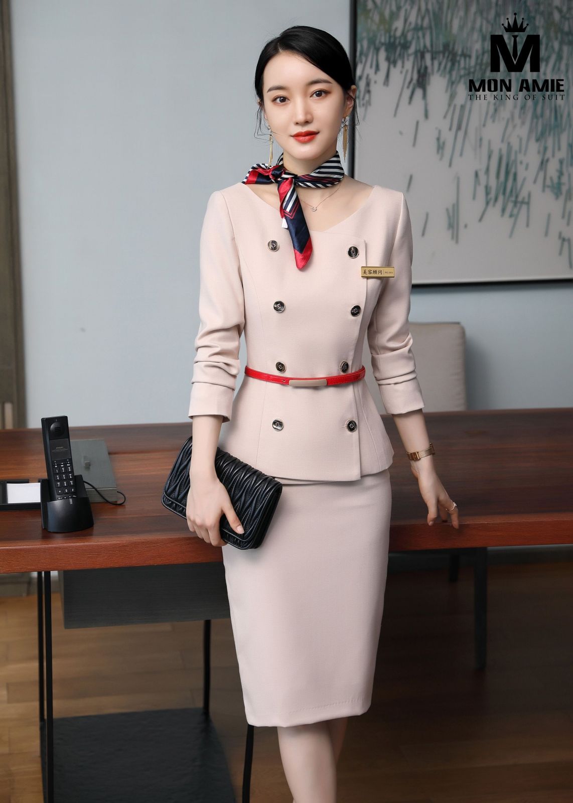 Beige Double Breasted Suit With Tulip Skirt  